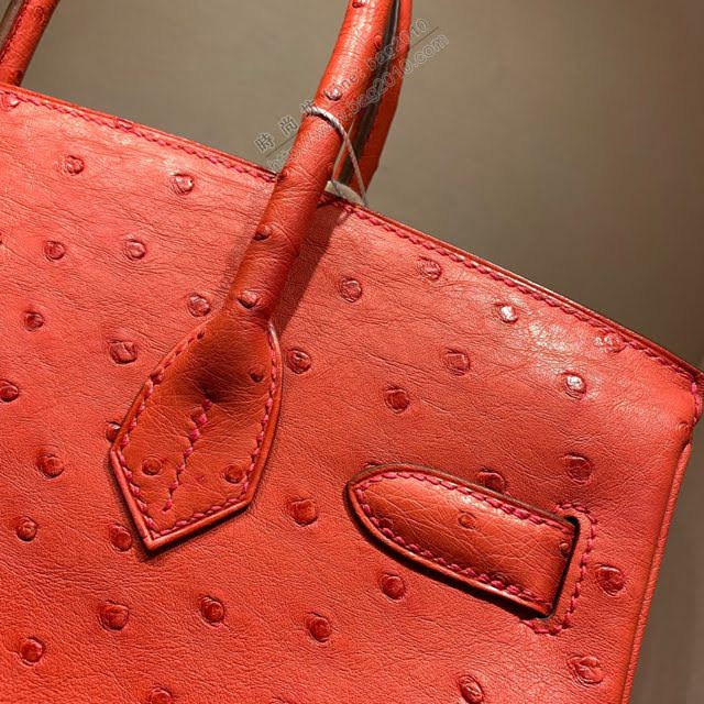 Hermes女包 愛馬仕Birkin30cm Hermes鉑金包 Ostrich鴕鳥皮 全手縫蠟線 S5 Rouge Tomate番茄紅  am1896